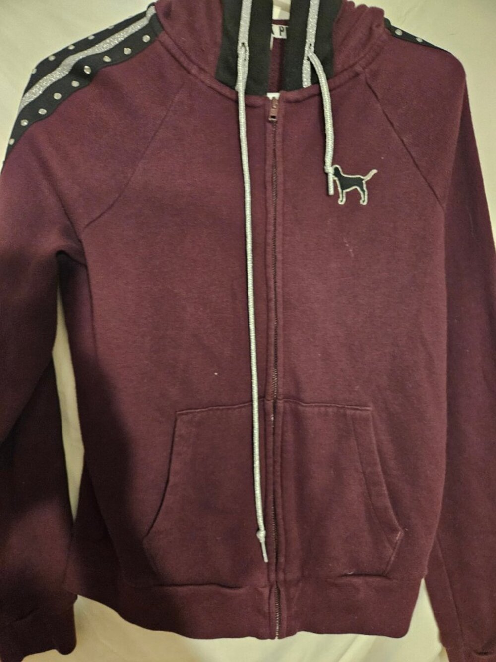 Pink Victoria's Secret Maroon Zip-Up Hoodie with Dog Logo